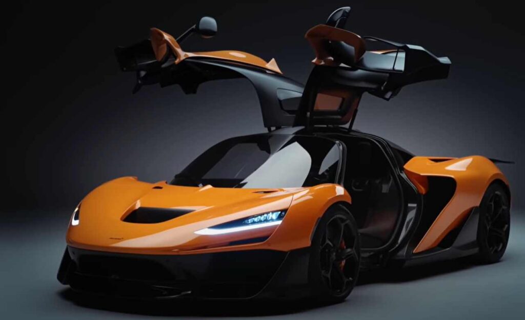 Oranžový McLaren V1 s otvorenými dverami dohora